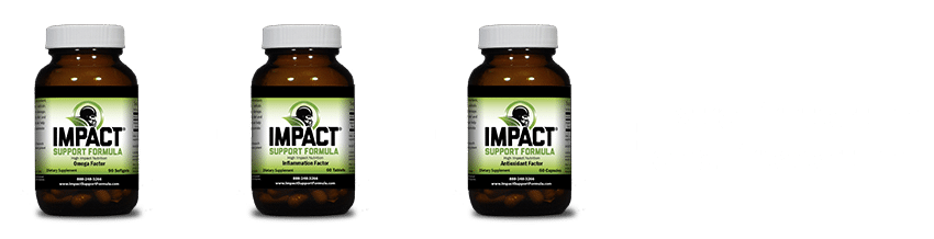 Three brown glass bottles with white caps containing "IMPACT Support Formula" dietary supplements. The green and black labels feature a graphic logo of a head with a helmet. Tailored for sports nutrition, the website "www.theperfectnutrition.com" is visible at the bottom.