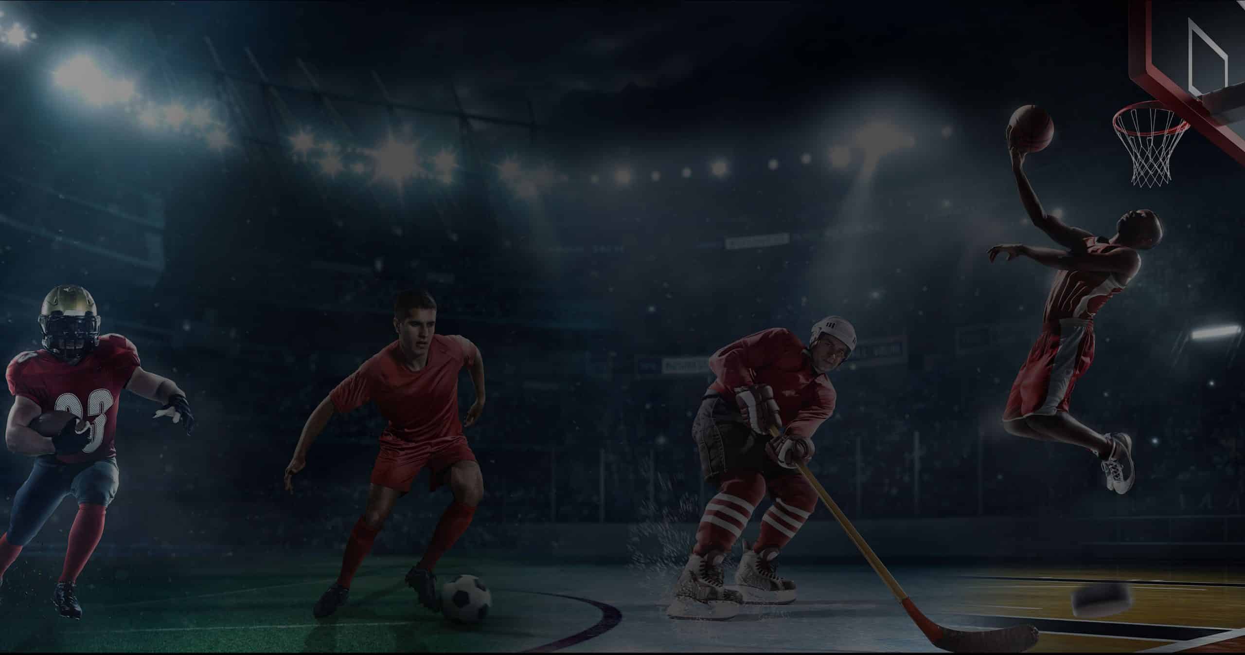 An image collage depicts three different sports under stadium lights: a football player in a helmet running, a soccer player dribbling a ball, and a hockey player in action. The background is a lit sports stadium filled with spectators, highlighting the crucial role of sports nutrition in their performance.